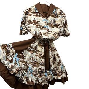 VTG Prairie Square Dance Circle Skirt Top Set Rockabilly Cowboy Cookout Roping